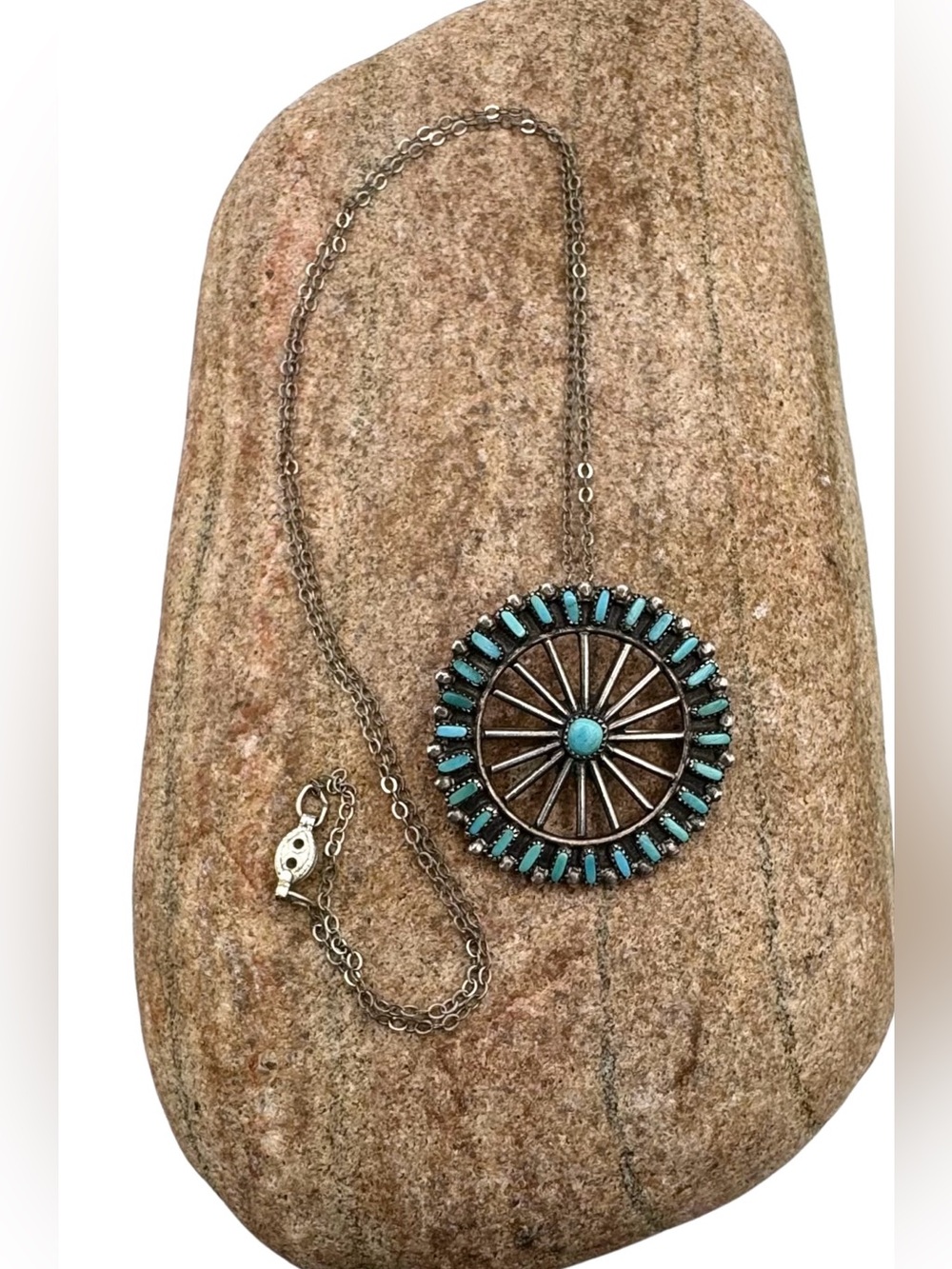Zuni Native American Sterling Silver Needlepoint Turquoise Pin Pendant Necklace